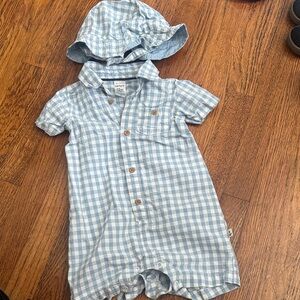 12m spring Carter's Blue and White Gingham Short Romper with Sun Hat